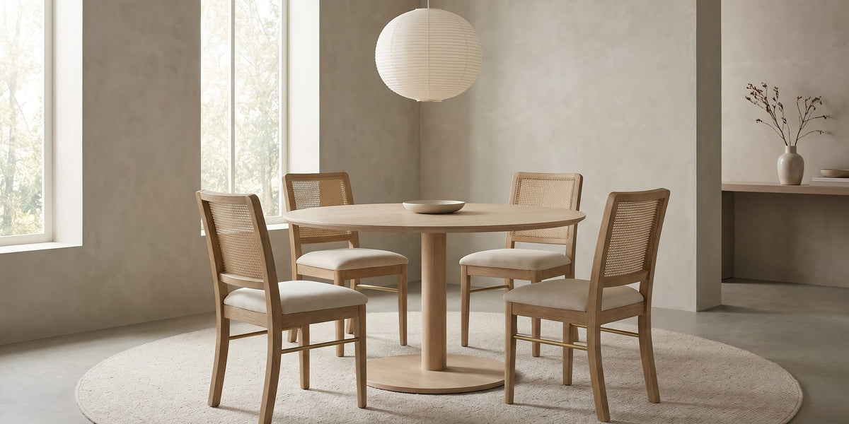 Daumesnil cane-back dining chair in sand-wash wood, set of 2 in a wide room view