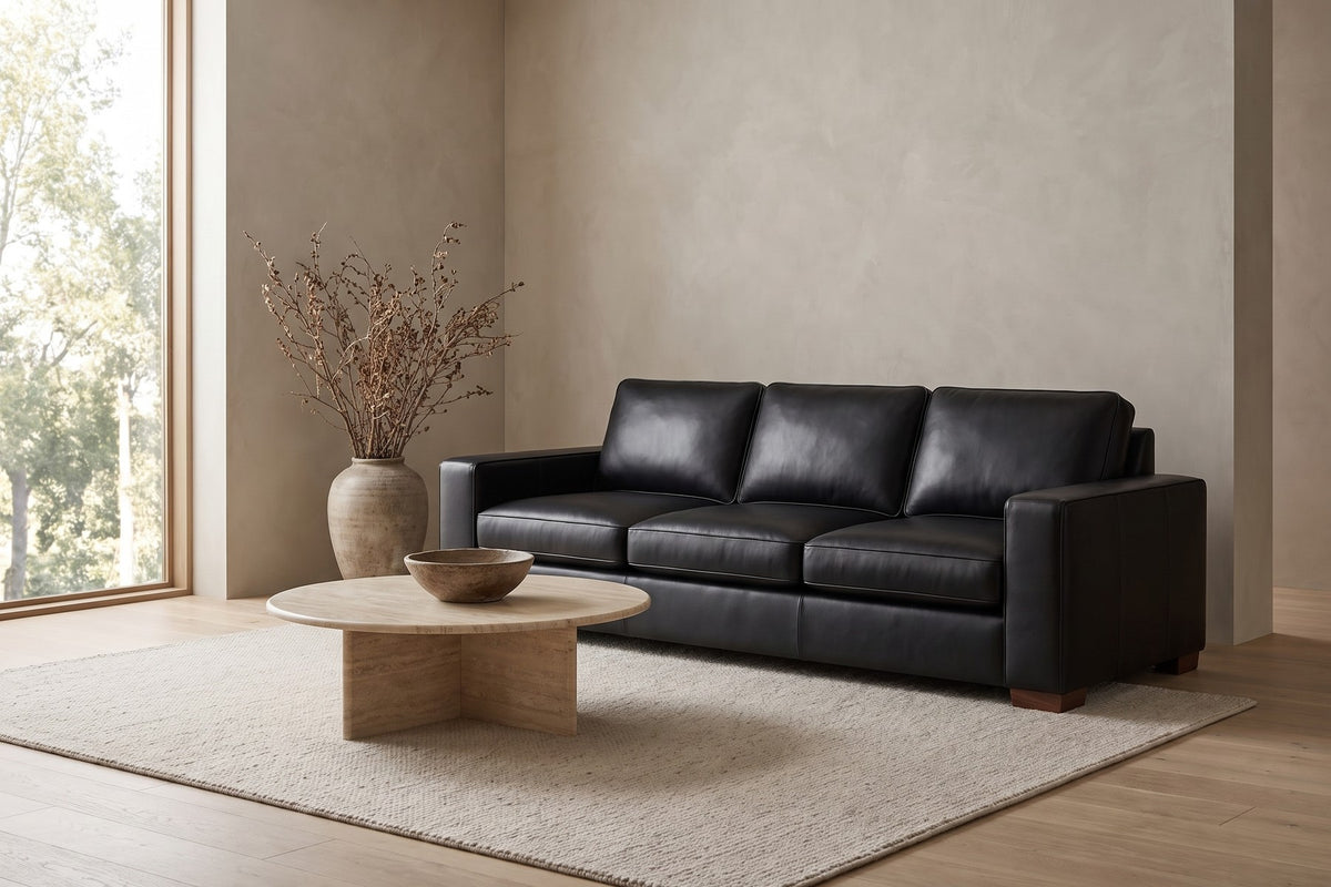 Deauville Leather Sofa in Black, in a living space