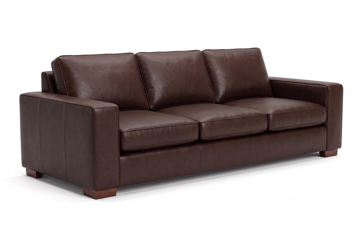 Deauville Leather Sofa in Chocolate, three-quarter view on white
