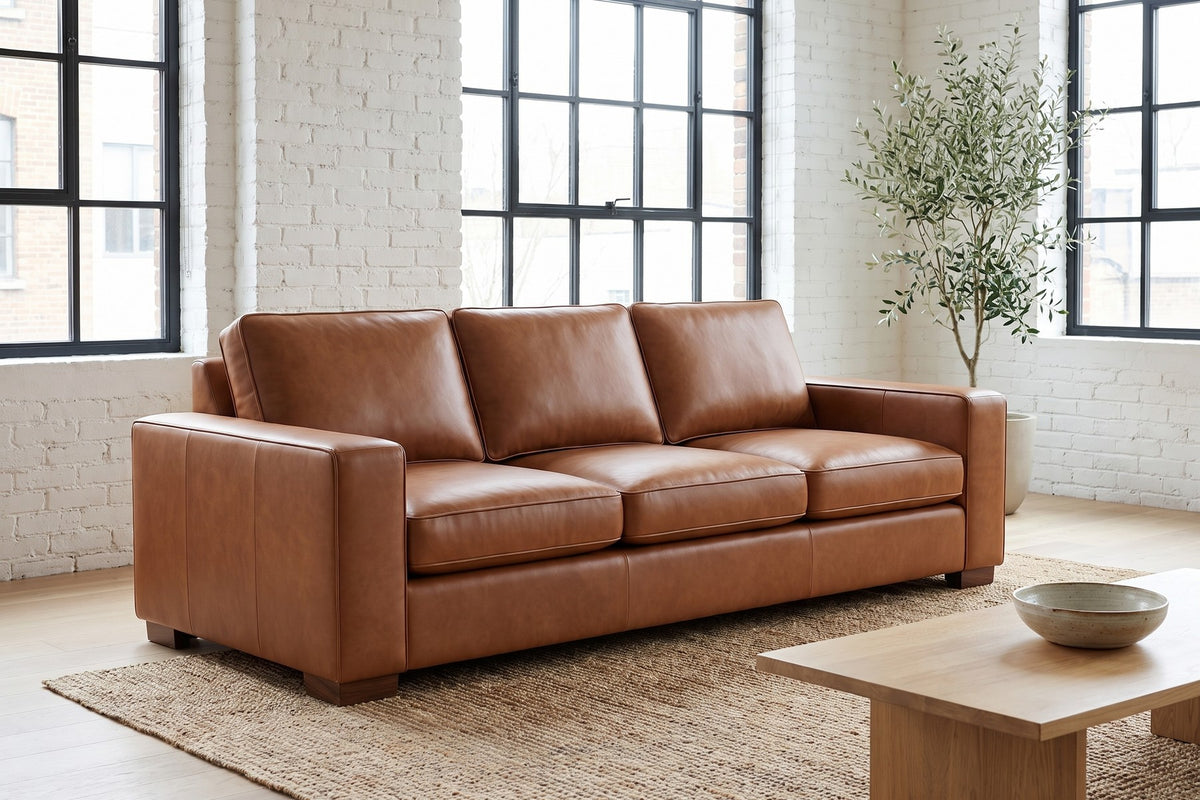 Deauville Cognac Leather Sofa styled in a room