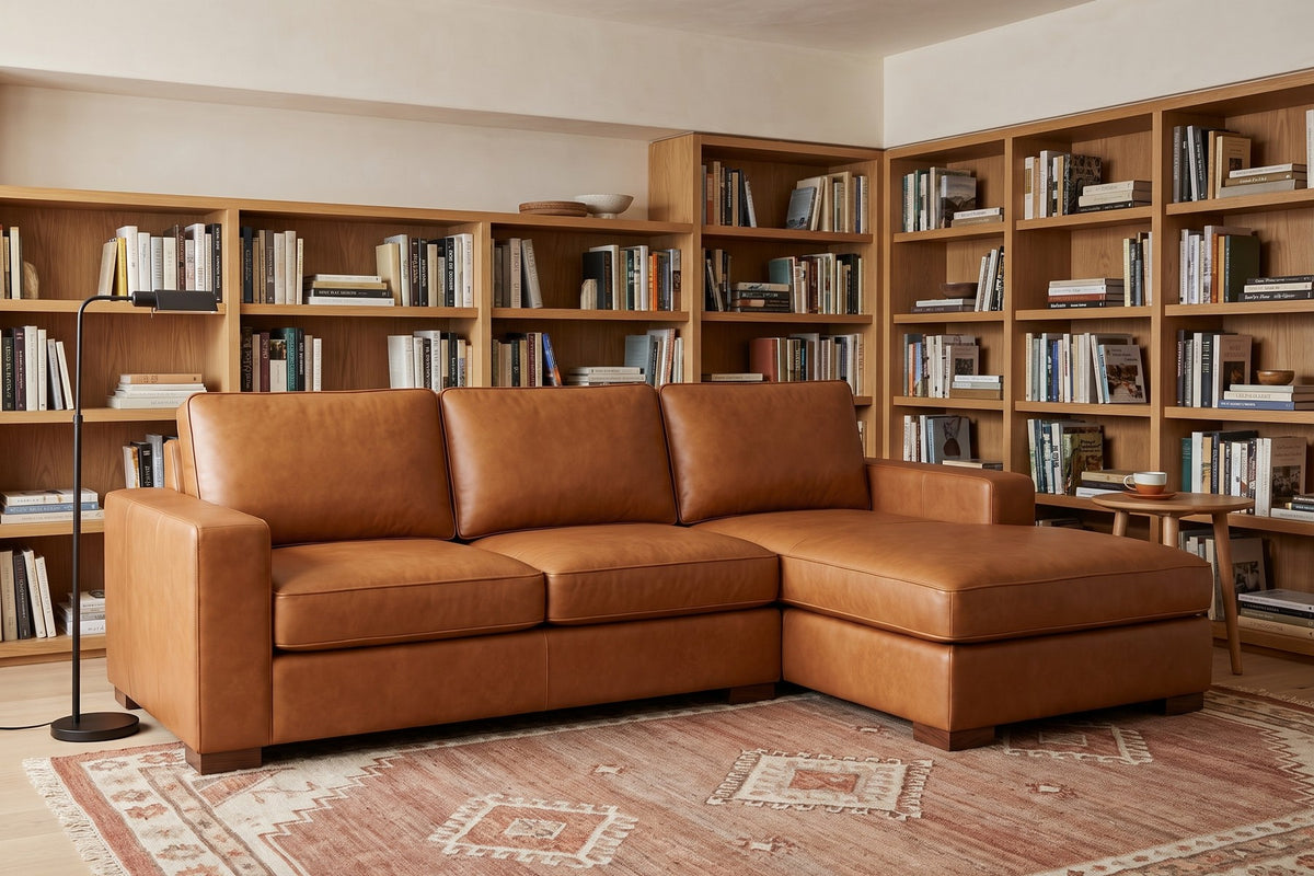 Deauville Cognac Leather Chaise Sectional in a room