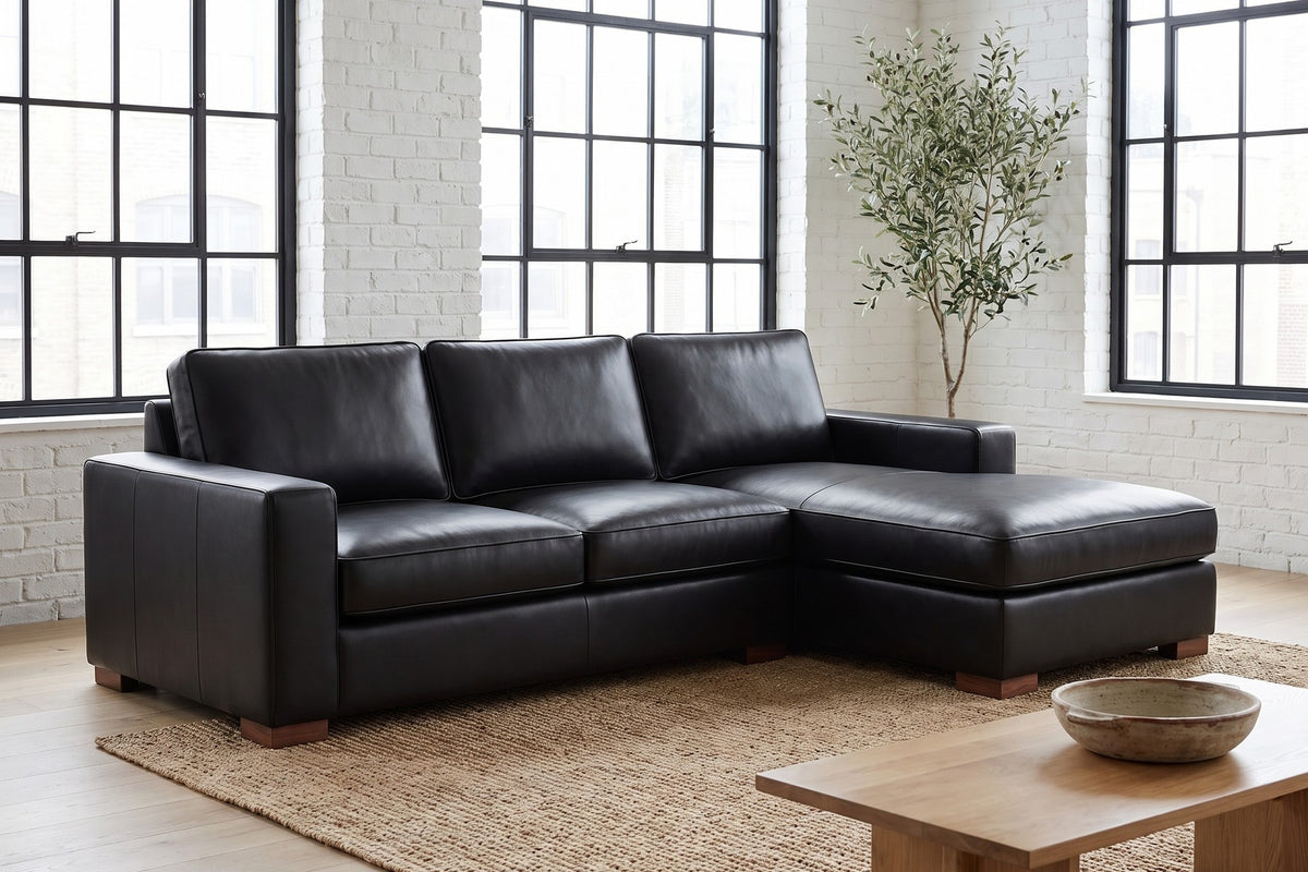 Deauville Leather Chaise Sectional in Black, in a room setting