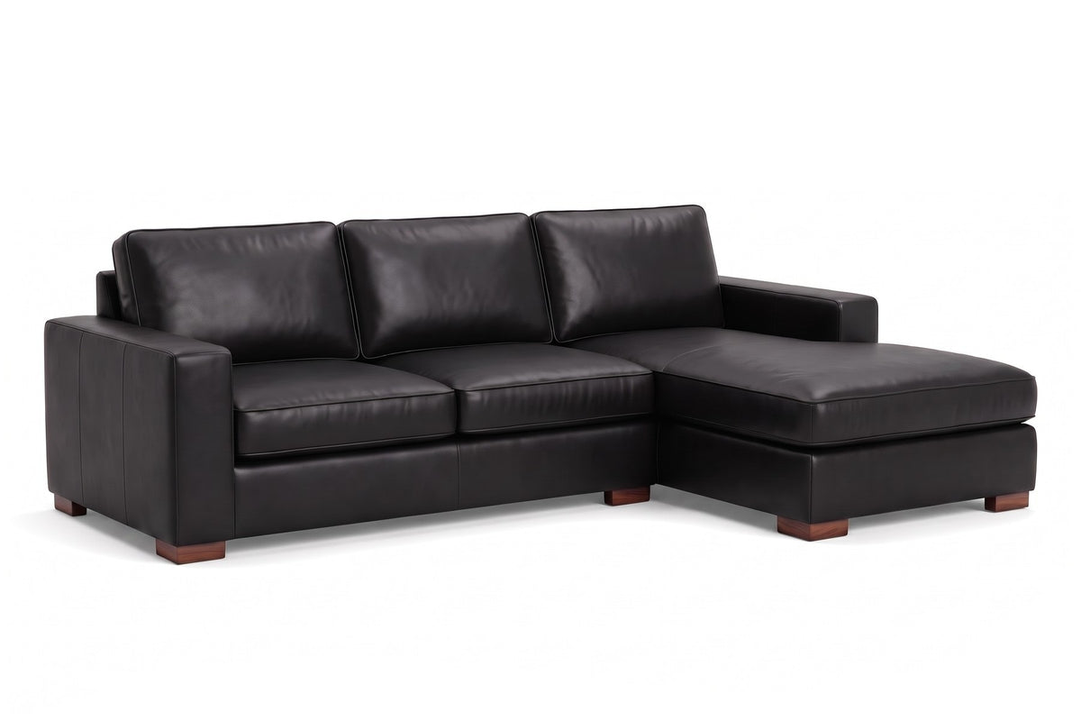 Deauville Leather Chaise Sectional in Black, three-quarter view on white