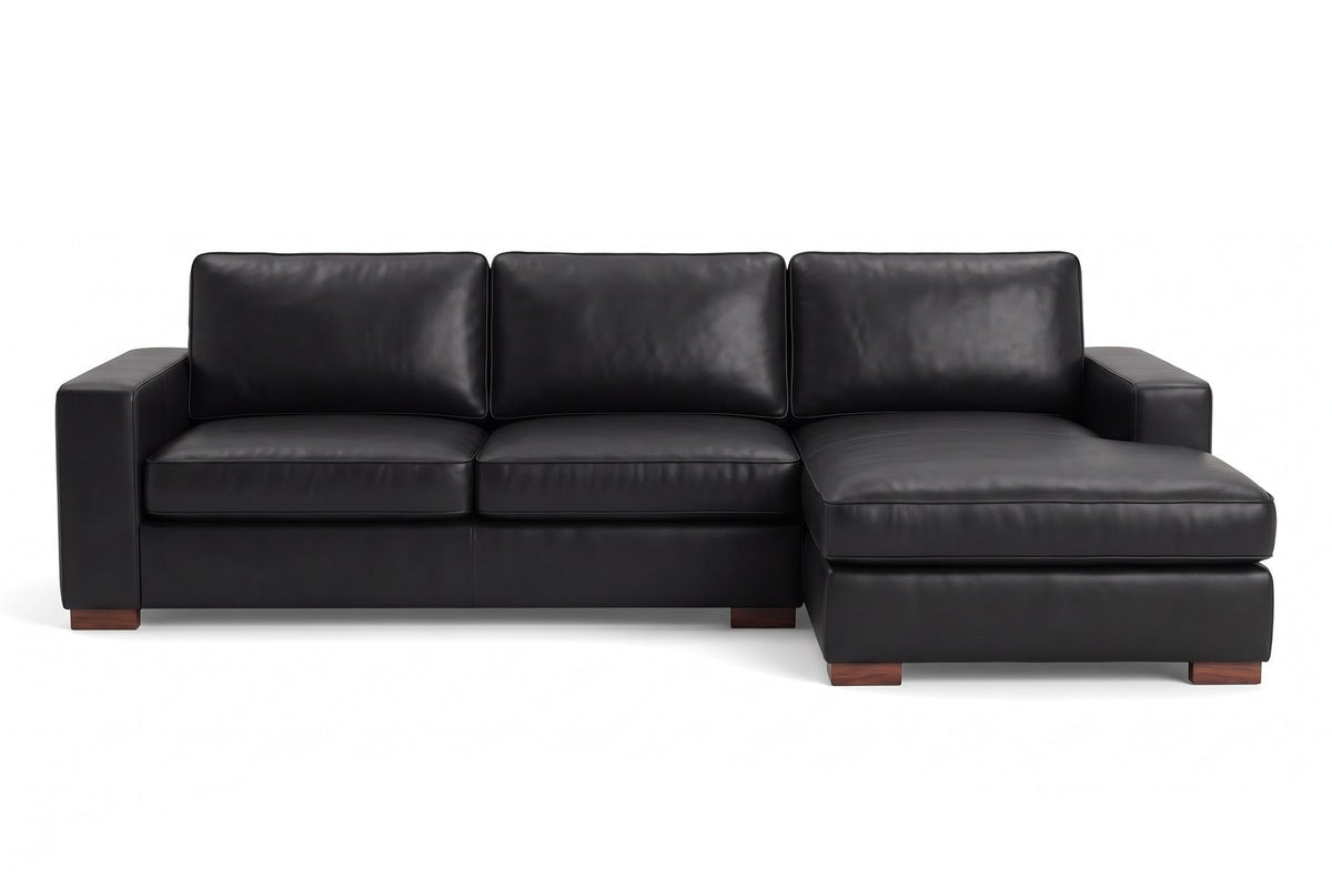 Deauville Leather Chaise Sectional in Black, front view on white