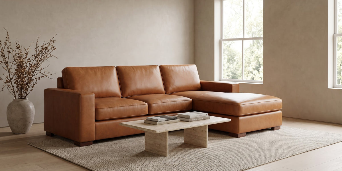 Deauville Cognac Leather Chaise Sectional banner