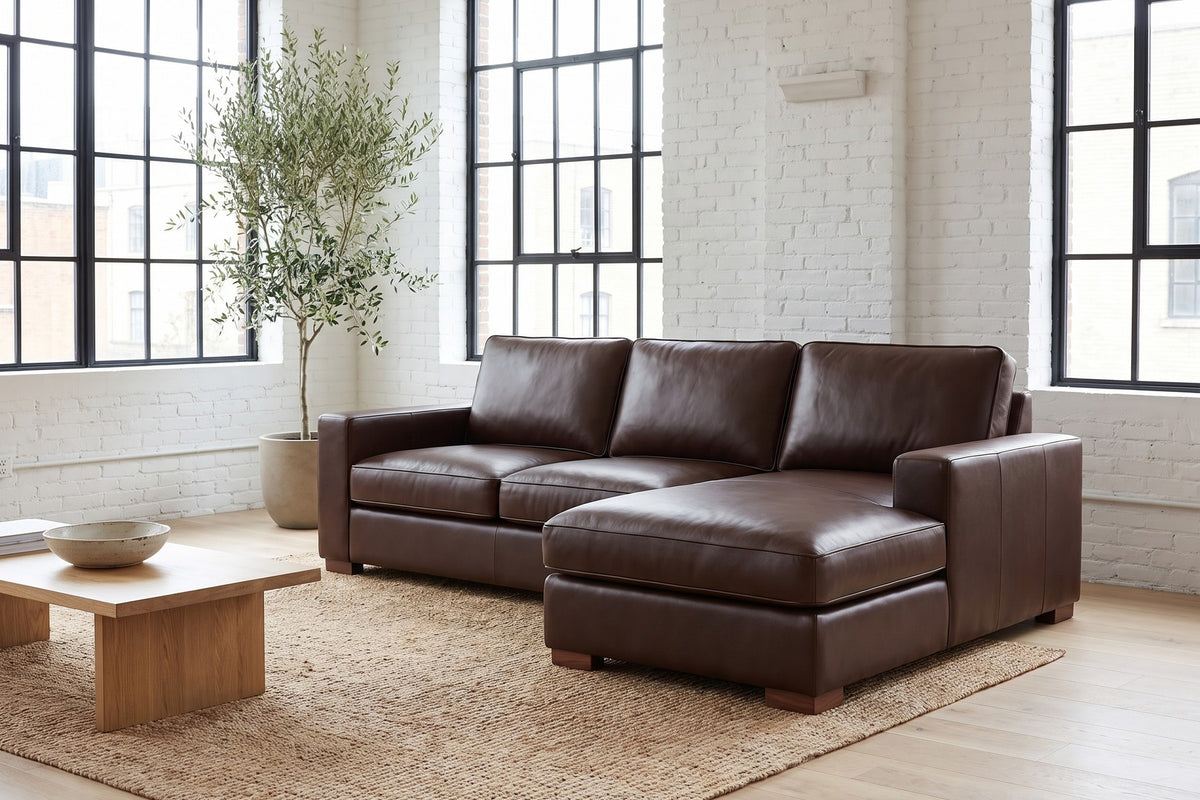 Deauville 122" Leather Chaise Sectional – Deep Seat, Wide Track Arms, Right or Left Chaise