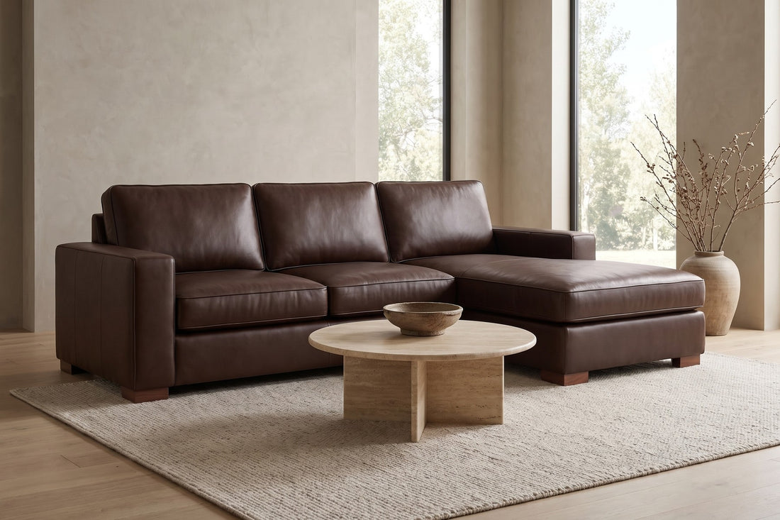 Deauville Leather Chaise Sectional in Chocolate, in a living space