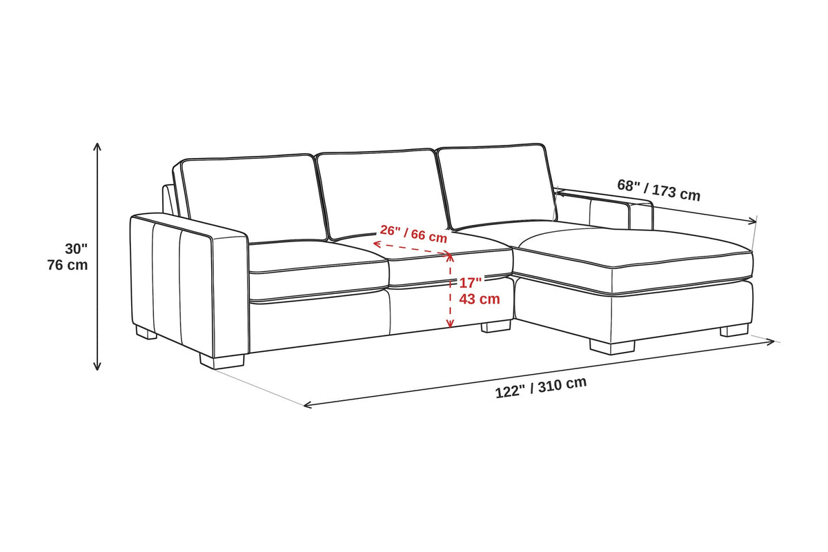 Deauville Cognac Leather Chaise Sectional dimensions