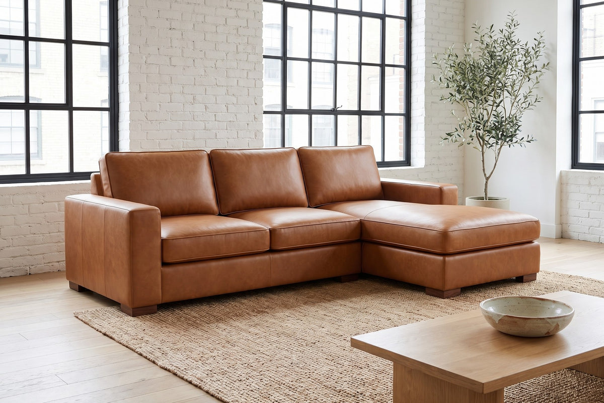 Deauville Cognac Leather Chaise Sectional styled in a room