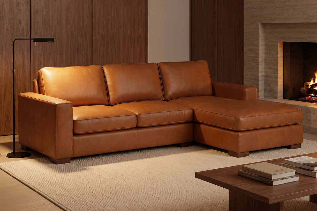 Deauville Cognac Leather Chaise Sectional in a room setting