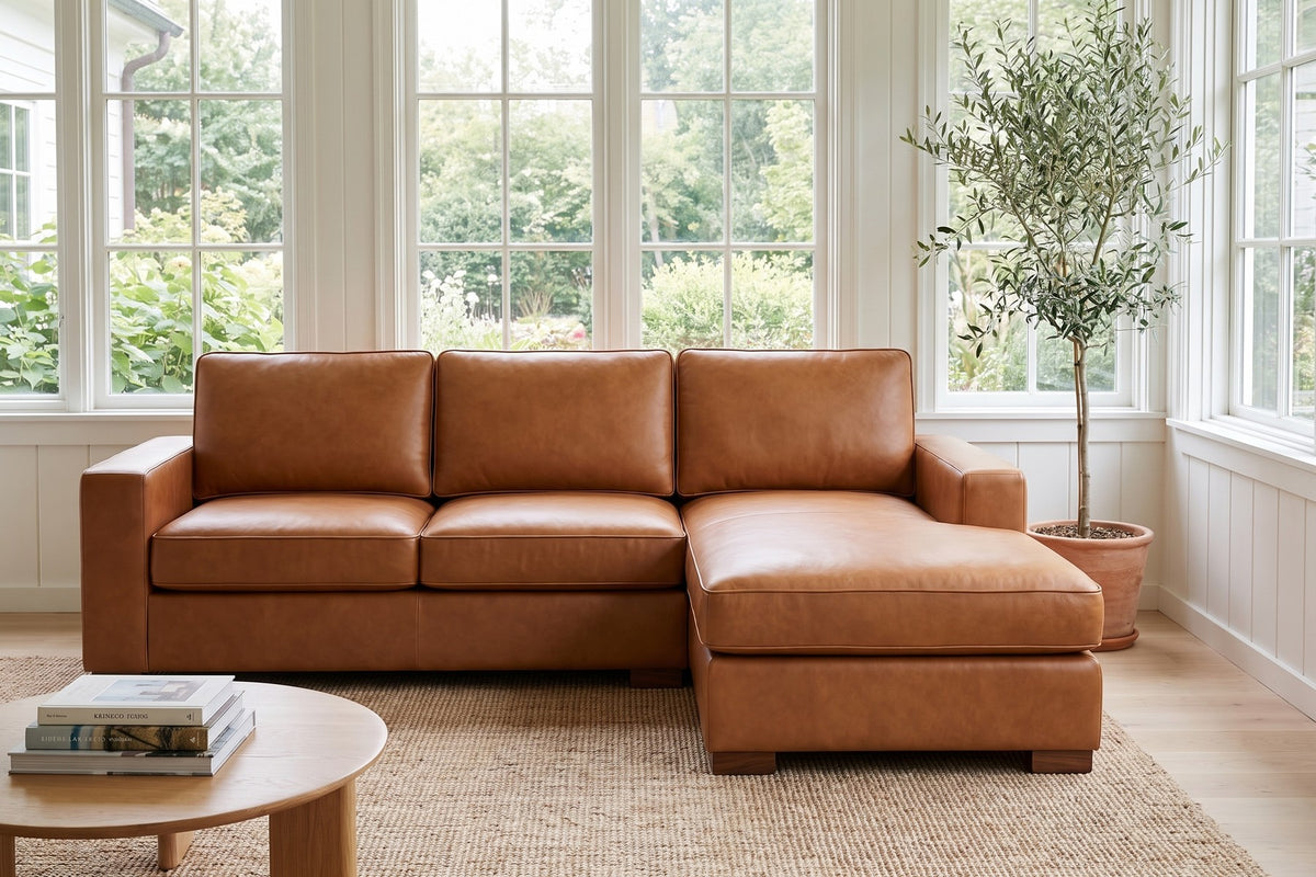 Deauville Cognac Leather Chaise Sectional in a home