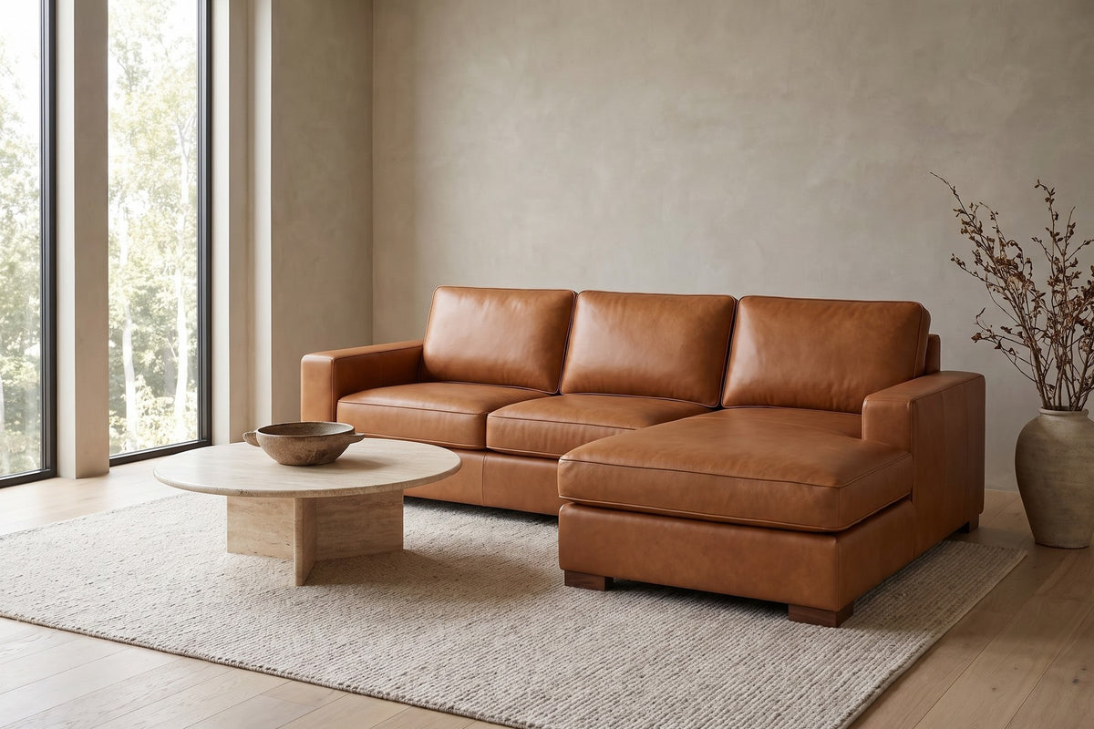 Deauville 122" Leather Chaise Sectional – Deep Seat, Wide Track Arms, Right or Left Chaise