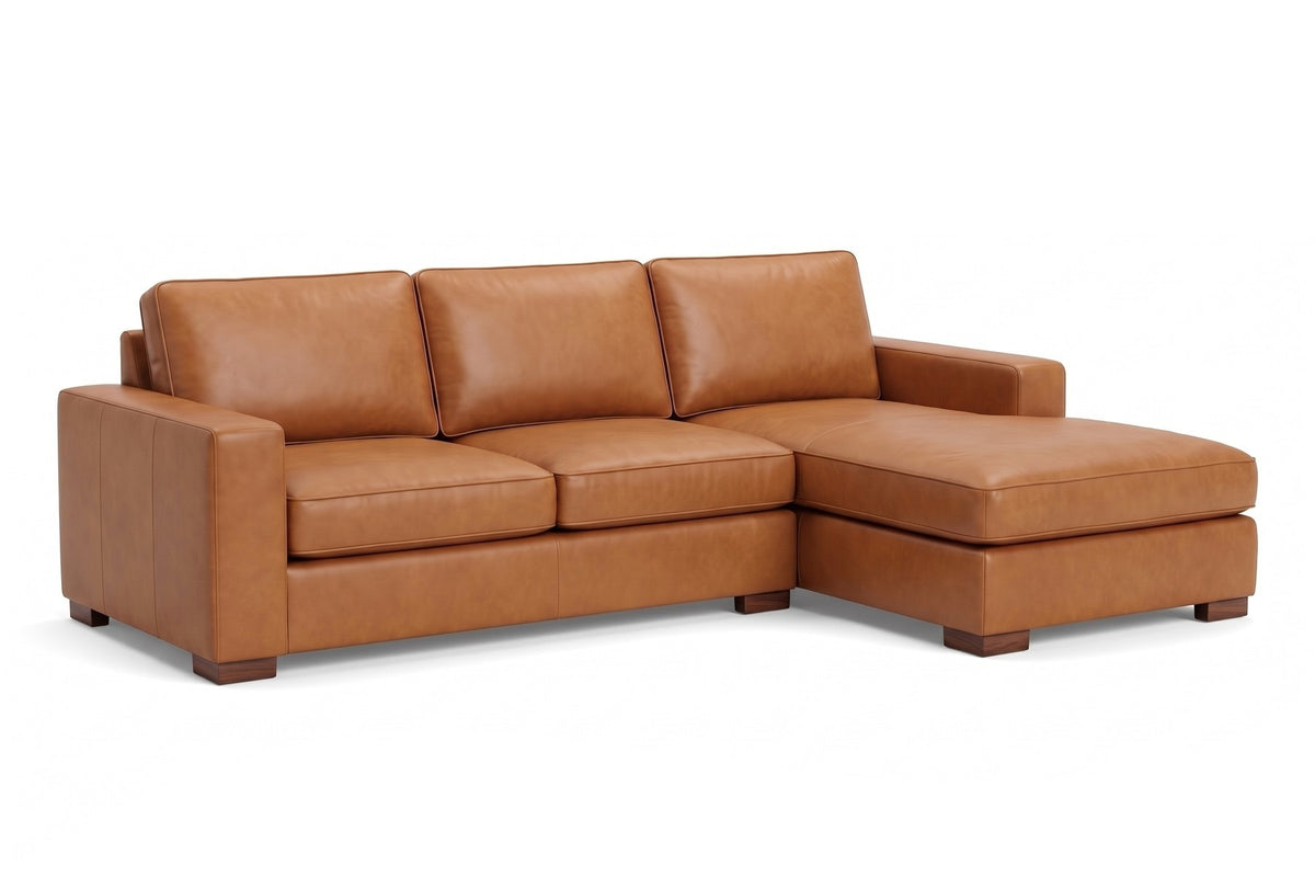 Deauville Cognac Leather Chaise Sectional, three-quarter view from the front left, slightly above seat height