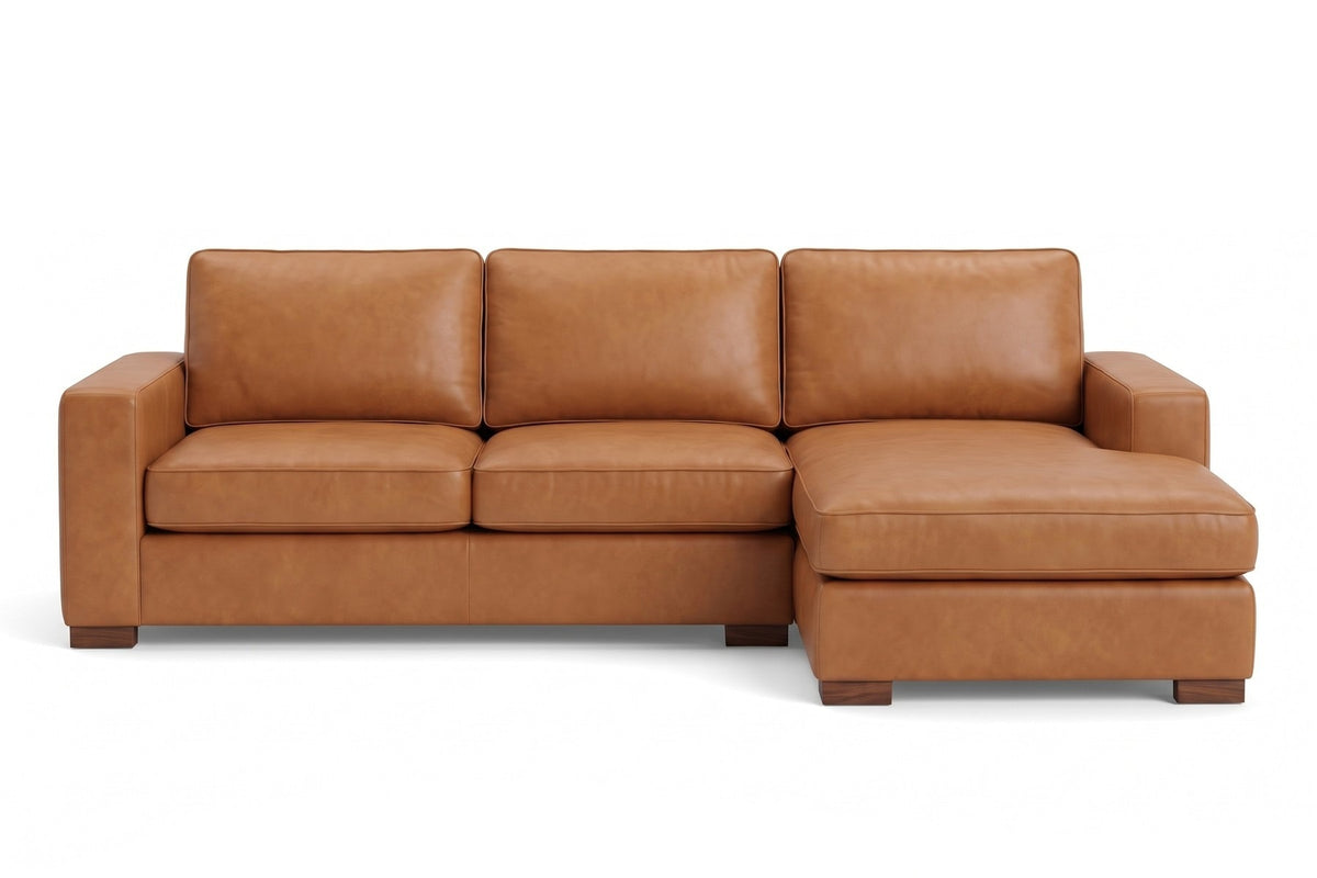 Deauville Cognac Leather Chaise Sectional, straight front view at seat height