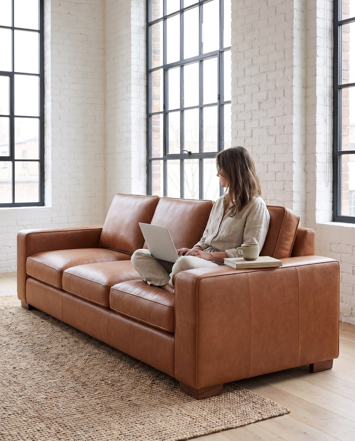 A person sitting cross-legged on the Deauville cognac leather sofa, a cup resting on its wide arm (concept image)
