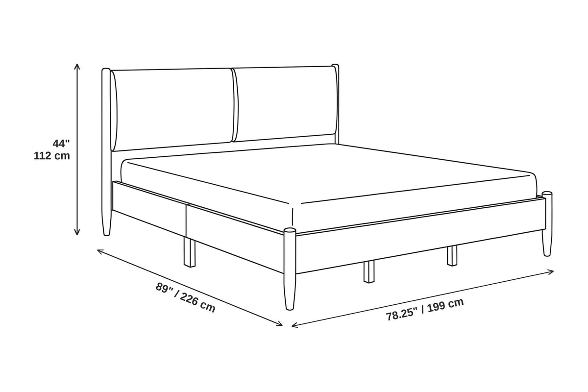 Delphine california king natural wood bed with white upholstered headboard dimensions: 78.25 inches wide, 89 inches long and 44 inches high