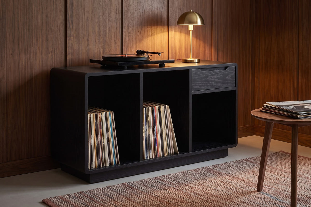Dinard Record Cabinet in Black Oak, in a room setting