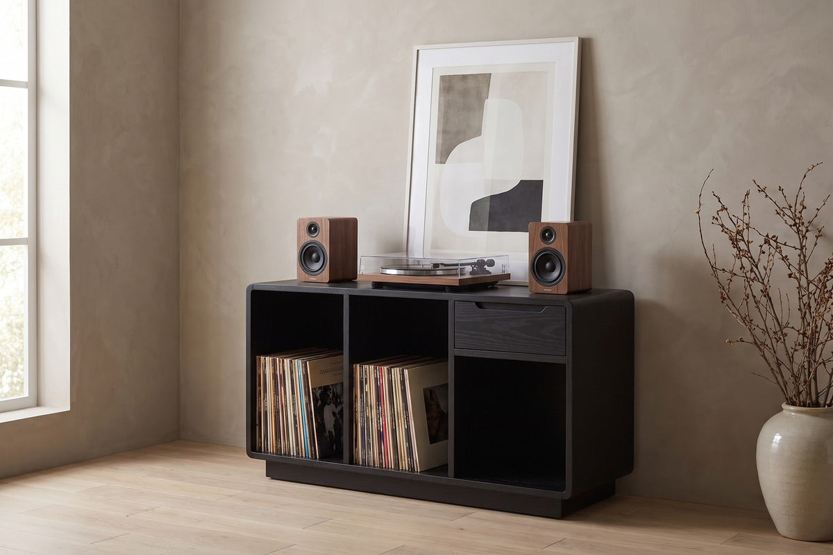 Dinard 48" Record Cabinet – Walnut or Oak, Open Record Bays, Drawer