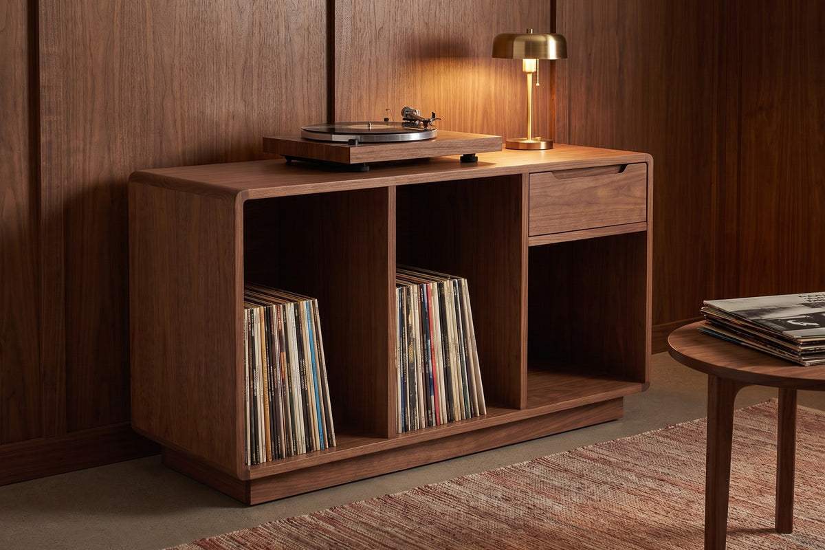 Dinard 48" Record Cabinet – Walnut or Oak, Open Record Bays, Drawer