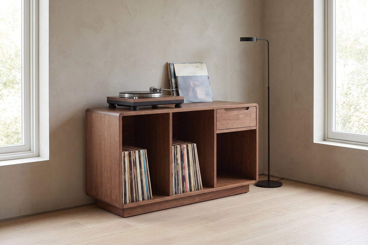 Dinard 48" Record Cabinet – Walnut or Oak, Open Record Bays, Drawer