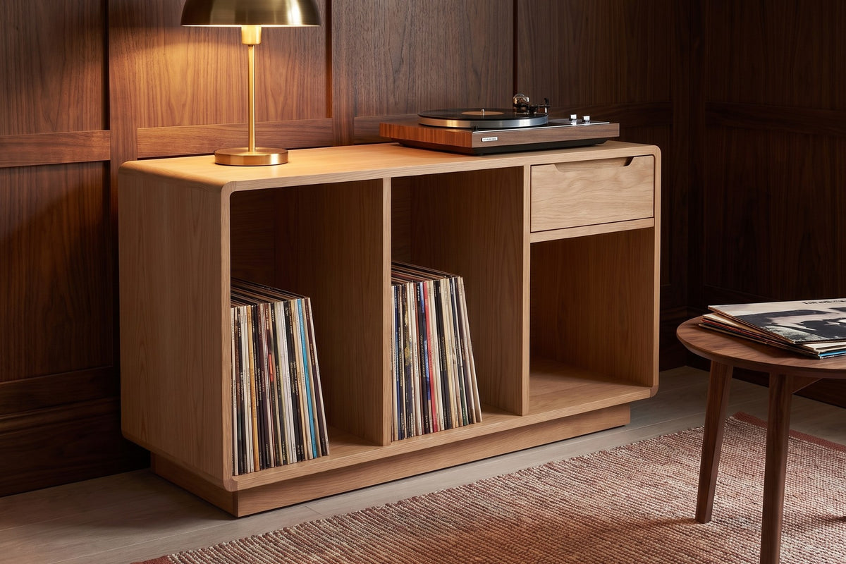 Dinard Record Cabinet in Natural Oak, in a room setting