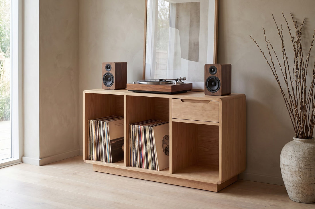 Dinard Record Cabinet in Natural Oak, in a living space