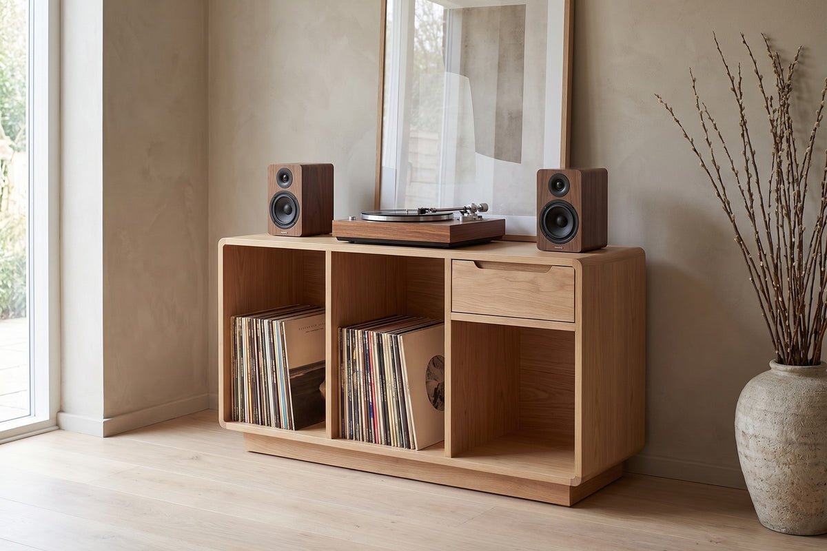 Dinard Record Cabinet in Natural Oak, in a living space