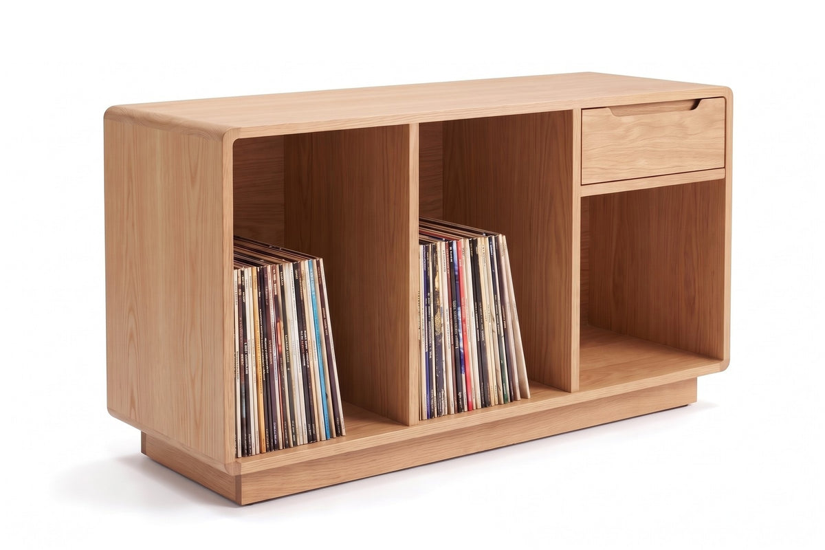 Dinard Record Cabinet in Natural Oak, three-quarter view on white