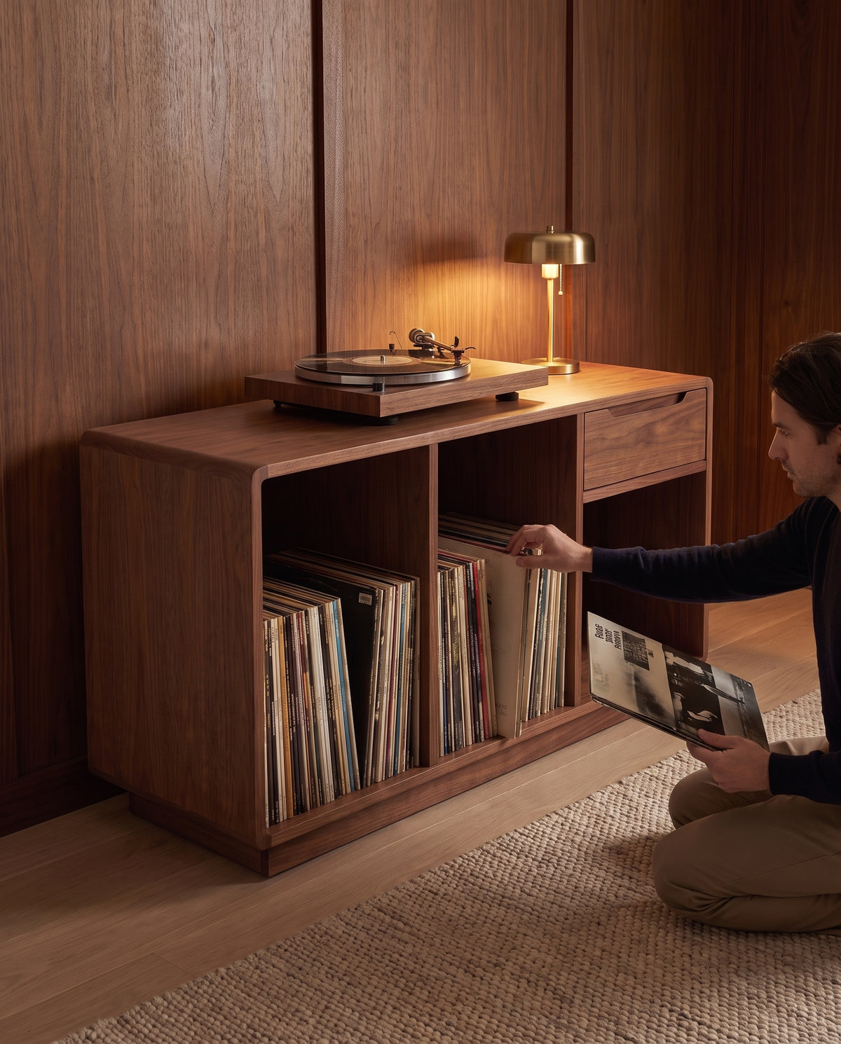 Dinard Walnut Record Cabinet in everyday use at home