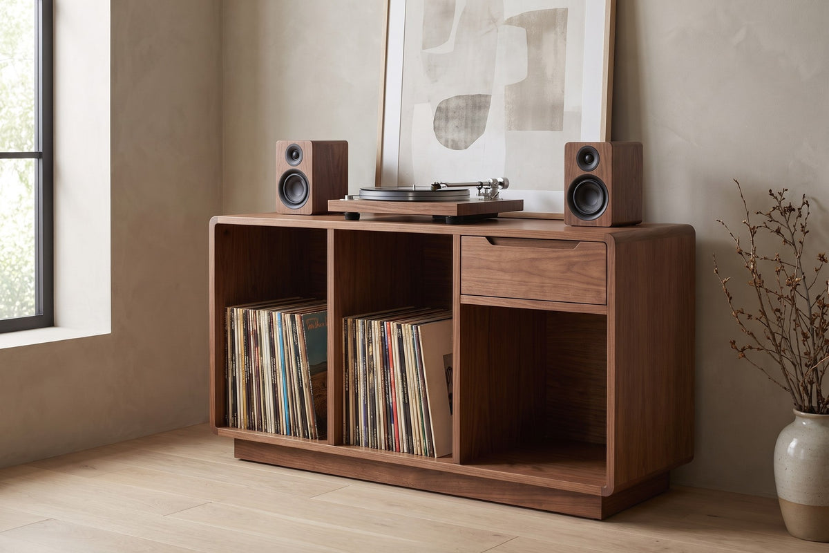 Dinard 48" Record Cabinet – Walnut or Oak, Open Record Bays, Drawer