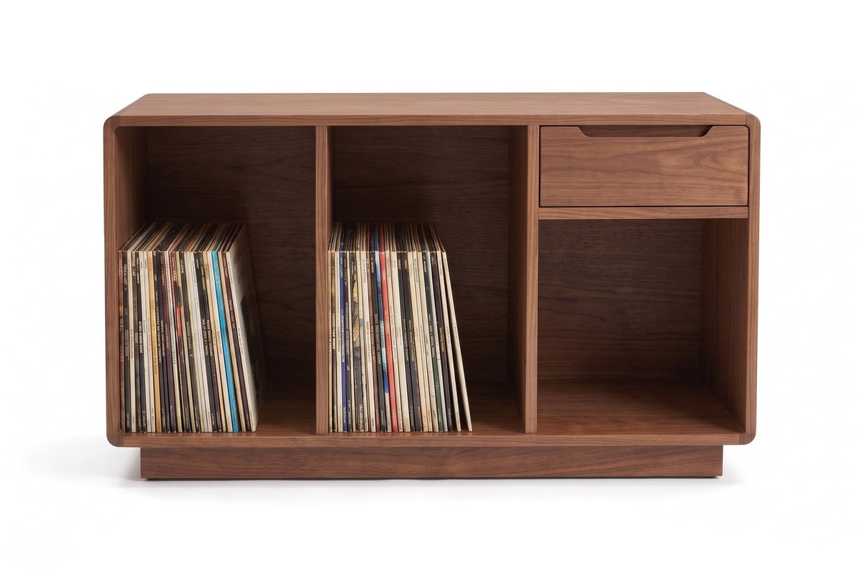 Dinard Walnut Record Cabinet, straight front view at mid-height, showing the two record bays, the drawer and the open shelf
