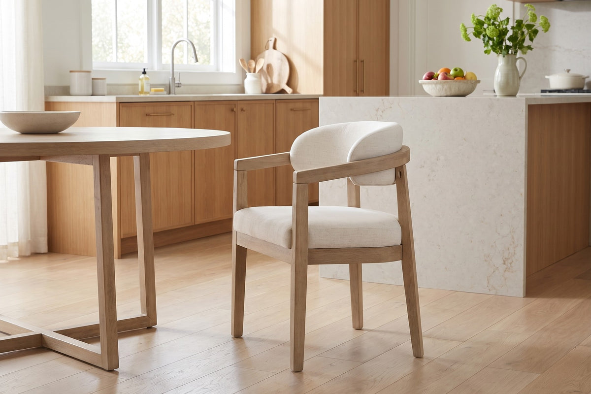 Elise Upholstered Dining Chair – Beige, Light Ash Rubberwood Frame, Set of 2