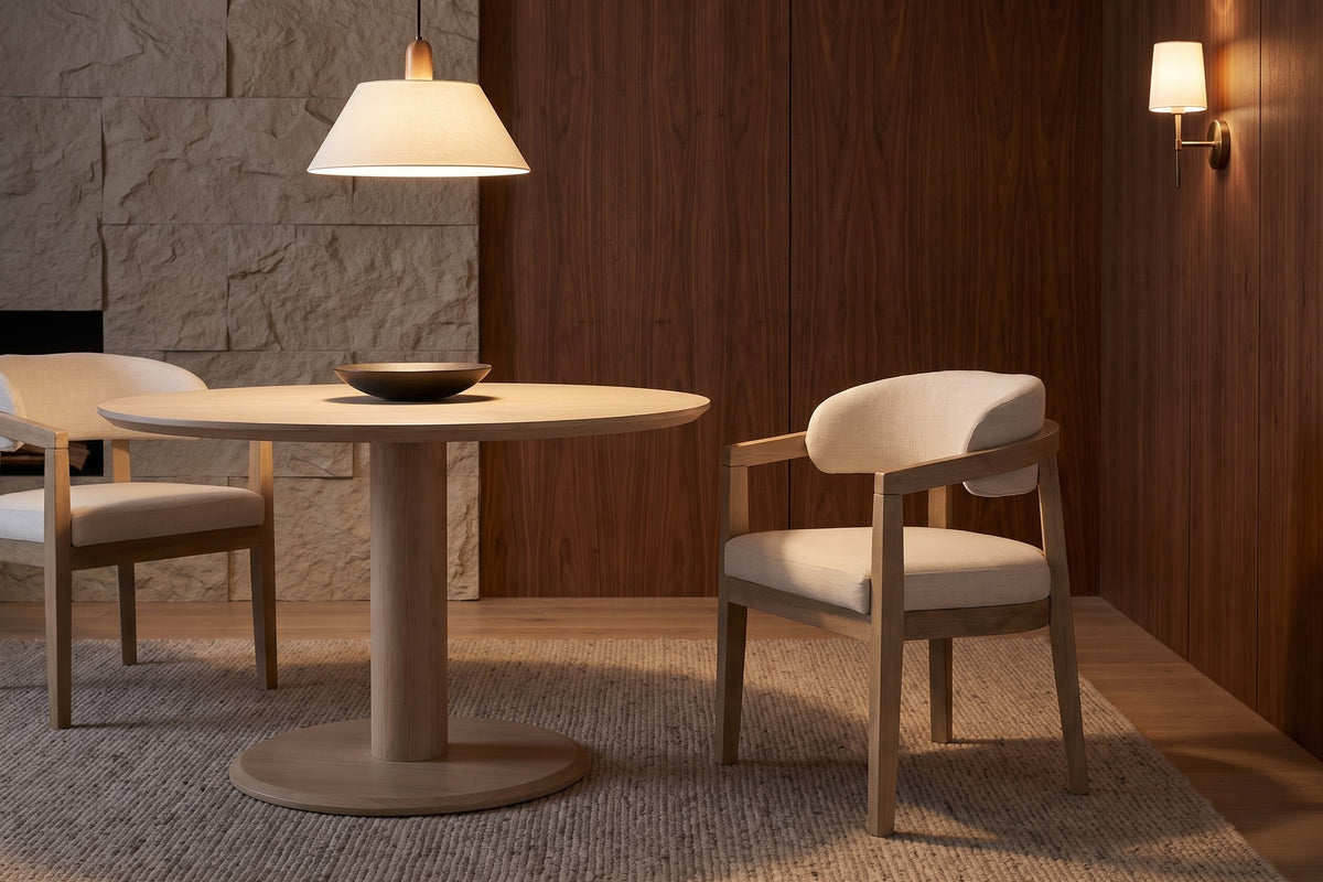 Evening at a round table. The light ash frame stands out against dark wood panels.