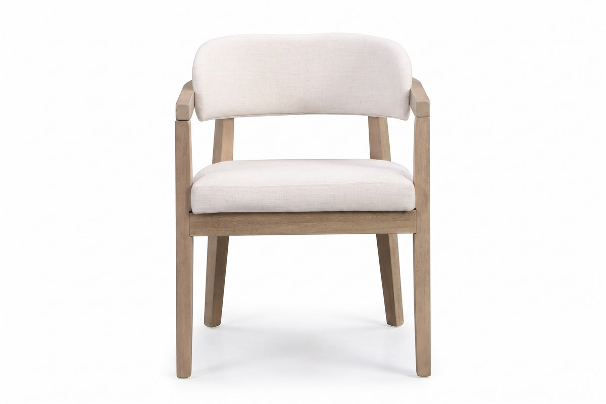 Elise beige upholstered dining chair with a light ash rubberwood frame, straight front view on a white background