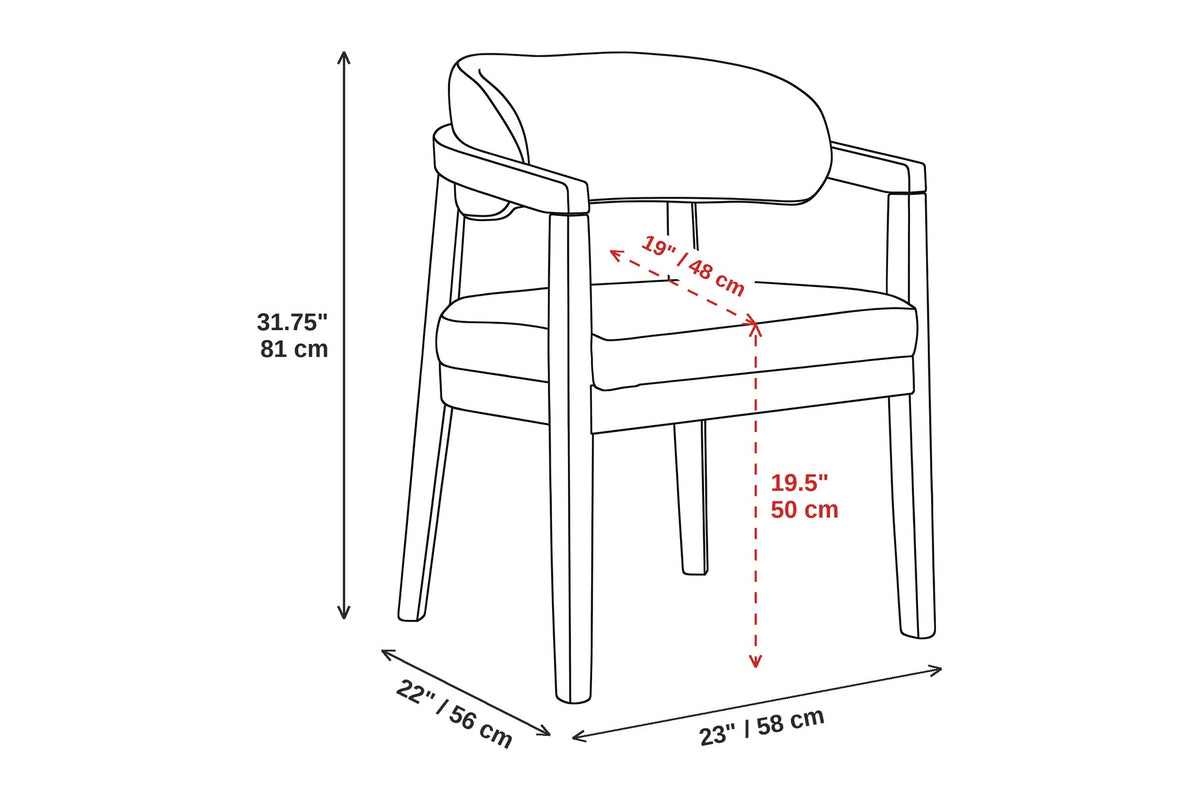 Elise beige upholstered dining chair dimensions: 23 inches (58 cm) wide, 22 inches (56 cm) deep and 31.75 inches (81 cm) high