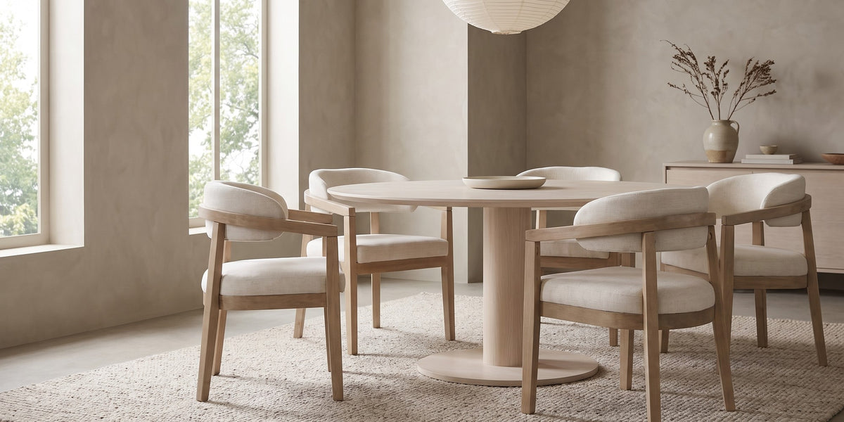 Elise beige upholstered dining chair with a light ash rubberwood frame in a wide, calm dining room
