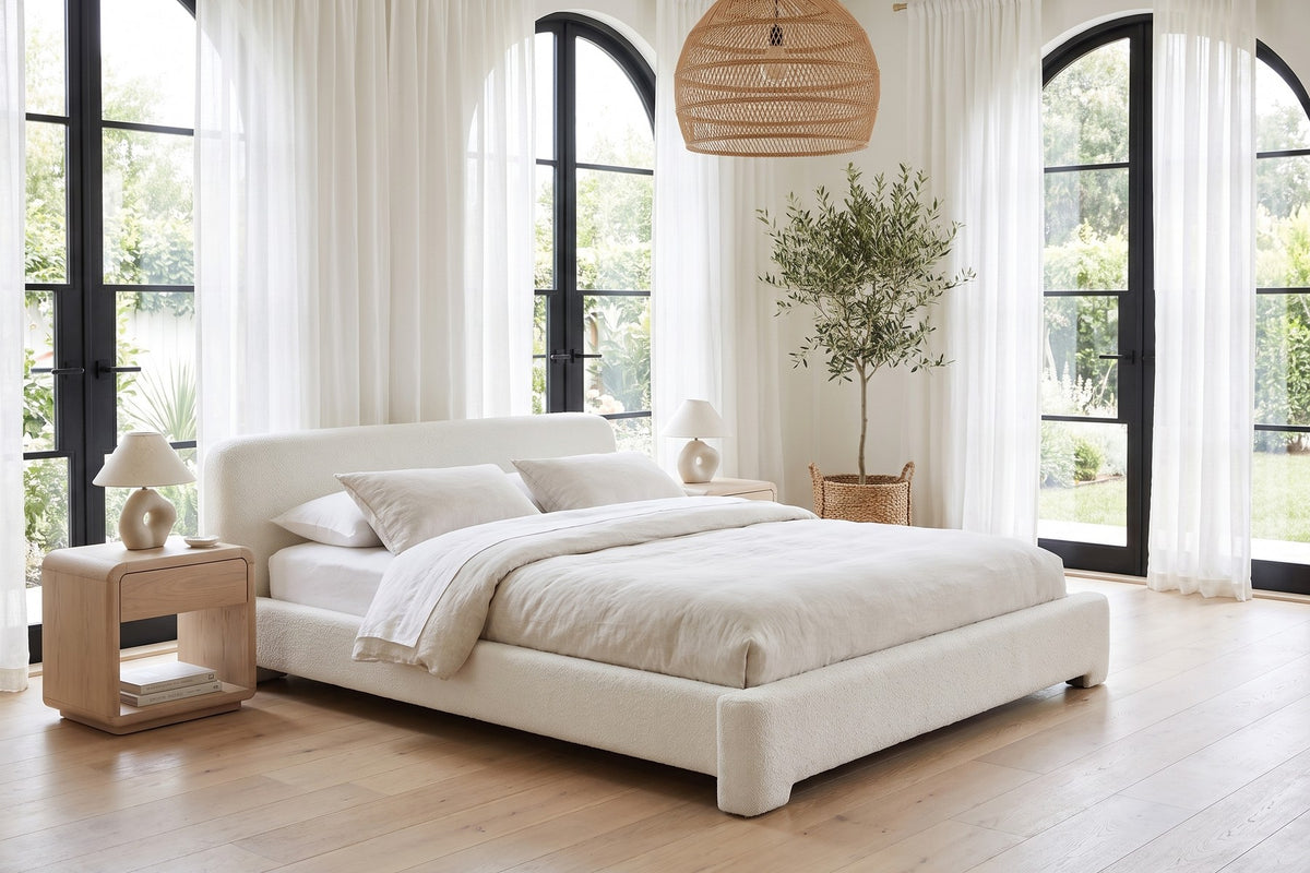 Elodie Low Bouclé Platform Bed – White, King