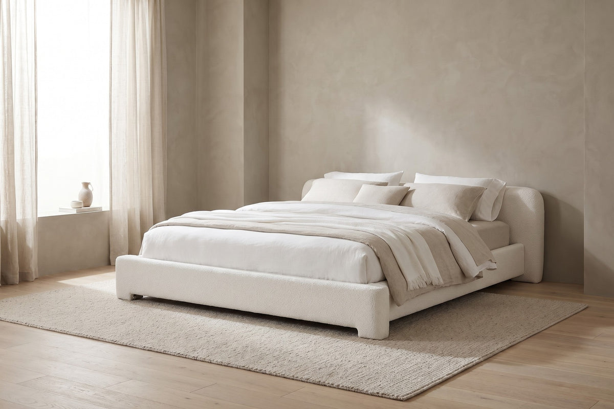 Elodie Low Bouclé Platform Bed – White, King