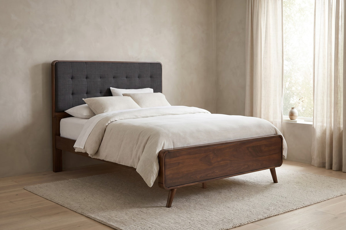 Étoile Mid-Century Walnut Platform Bed – Charcoal Tufted Headboard, Splayed Legs, Queen
