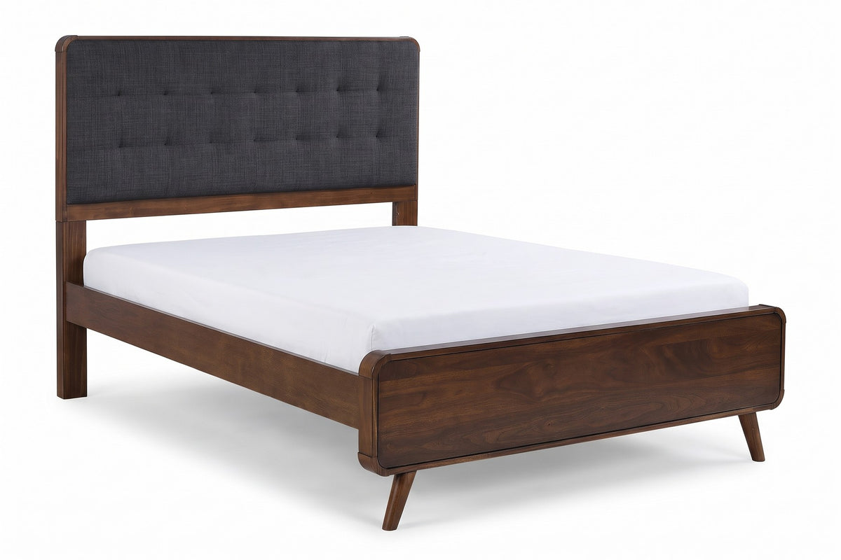 Étoile queen mid-century walnut platform bed with charcoal tufted headboard, three-quarter view on a white background