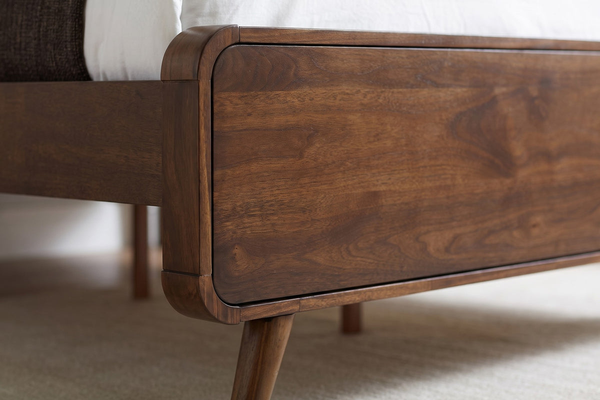 Étoile Mid-Century Walnut Platform Bed – Charcoal Tufted Headboard, Splayed Legs, Queen