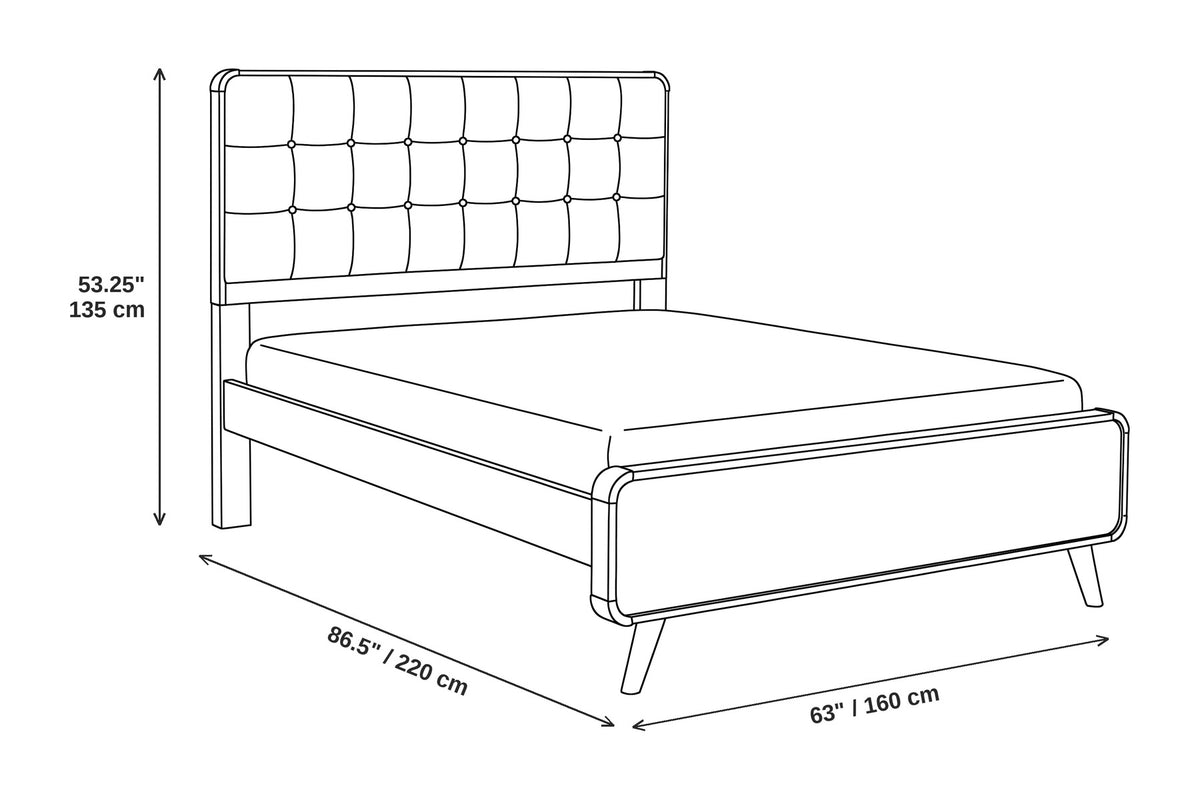 Étoile Mid-Century Walnut Platform Bed – Charcoal Tufted Headboard, Splayed Legs, Queen