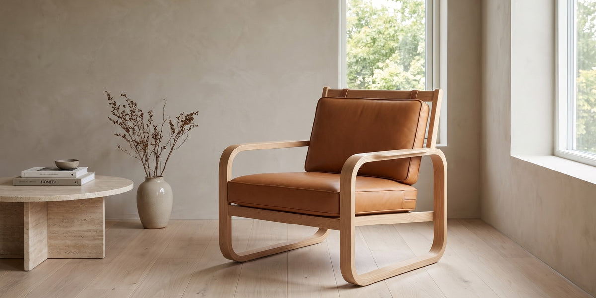 Étretat Bentwood Oak and Cognac Leather Lounge Chair banner