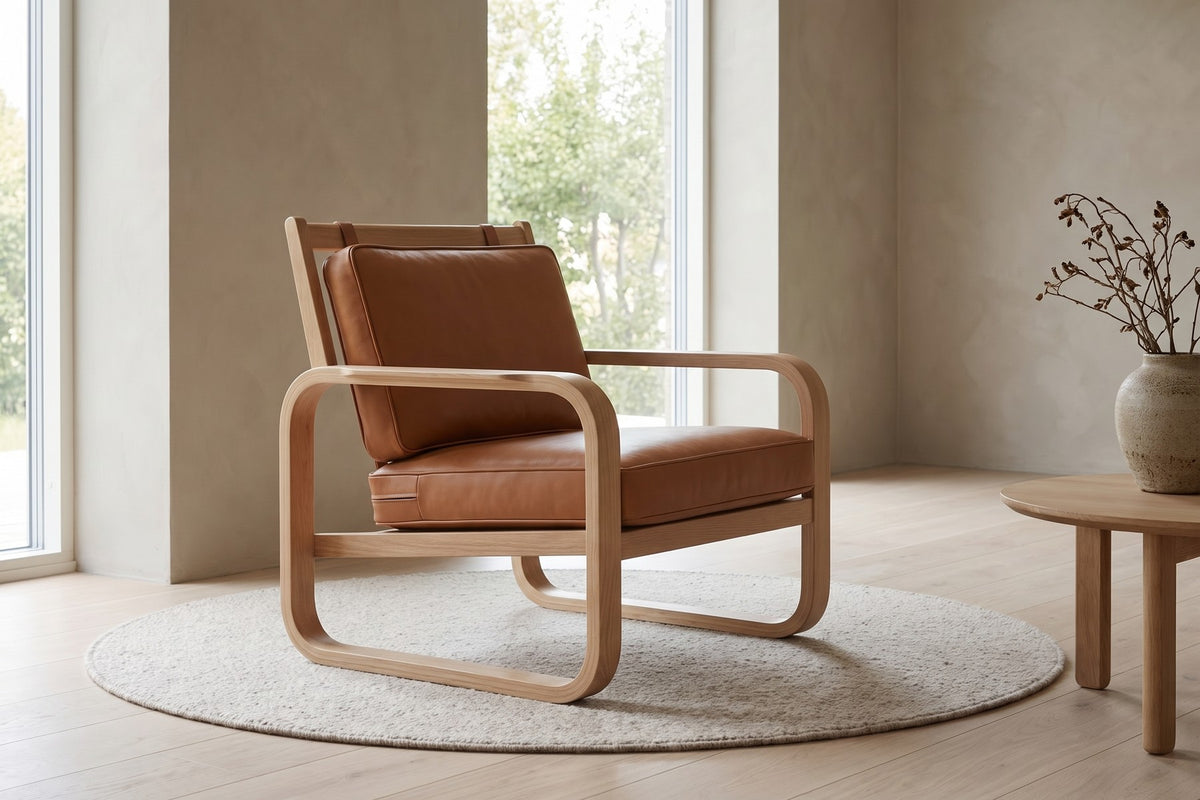 Étretat Bentwood Oak and Cognac Leather Lounge Chair styled in a room