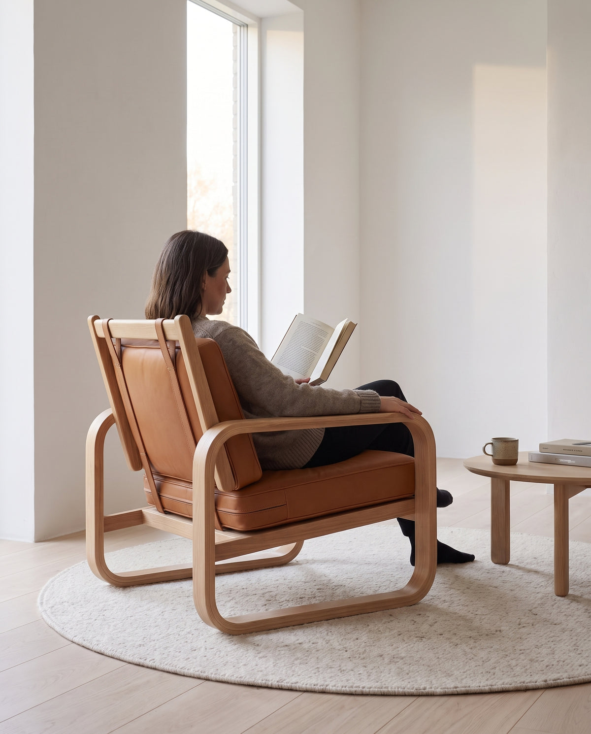 Étretat Bentwood Oak and Cognac Leather Lounge Chair in everyday use at home