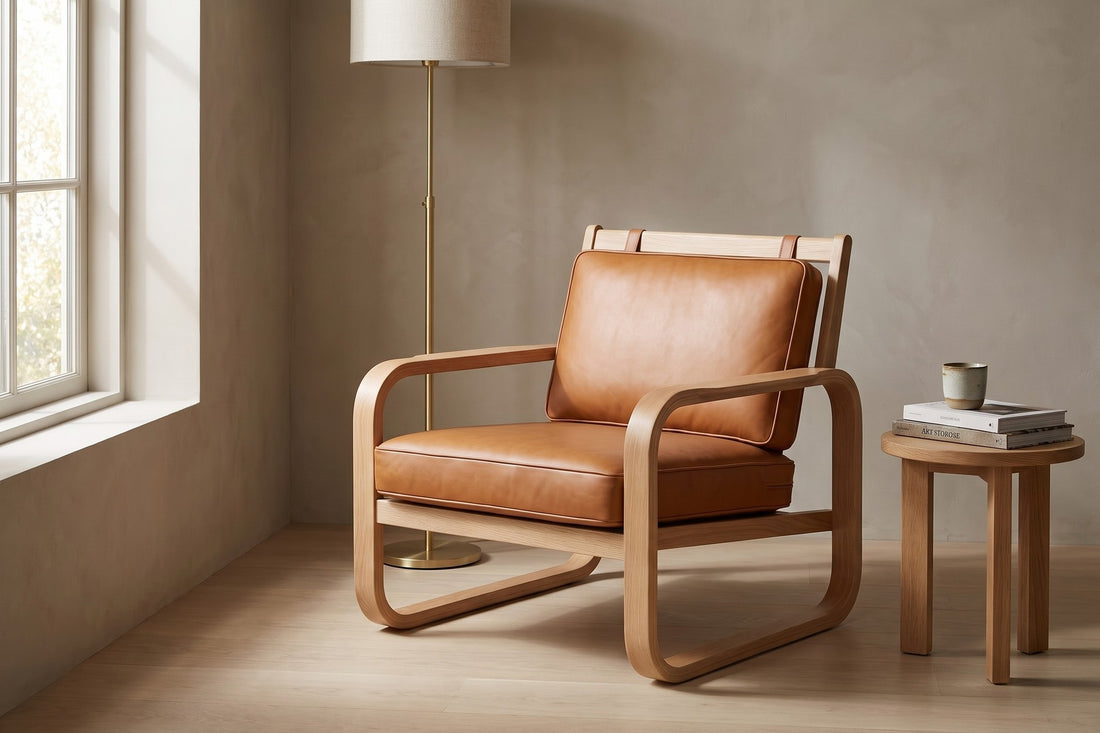 Étretat Bentwood Oak and Cognac Leather Lounge Chair in a living space