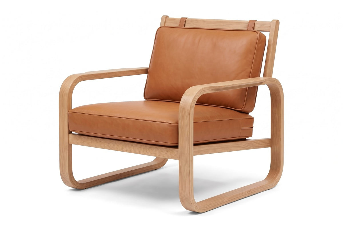 Étretat Bentwood Oak and Cognac Leather Lounge Chair, three-quarter view from the front left, slightly above seat height