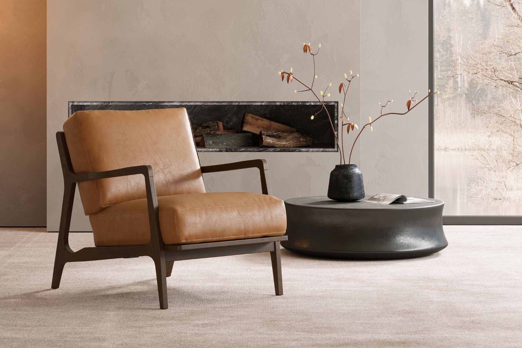 Isode 25” Leather Mid-Century Modern Accent Chair