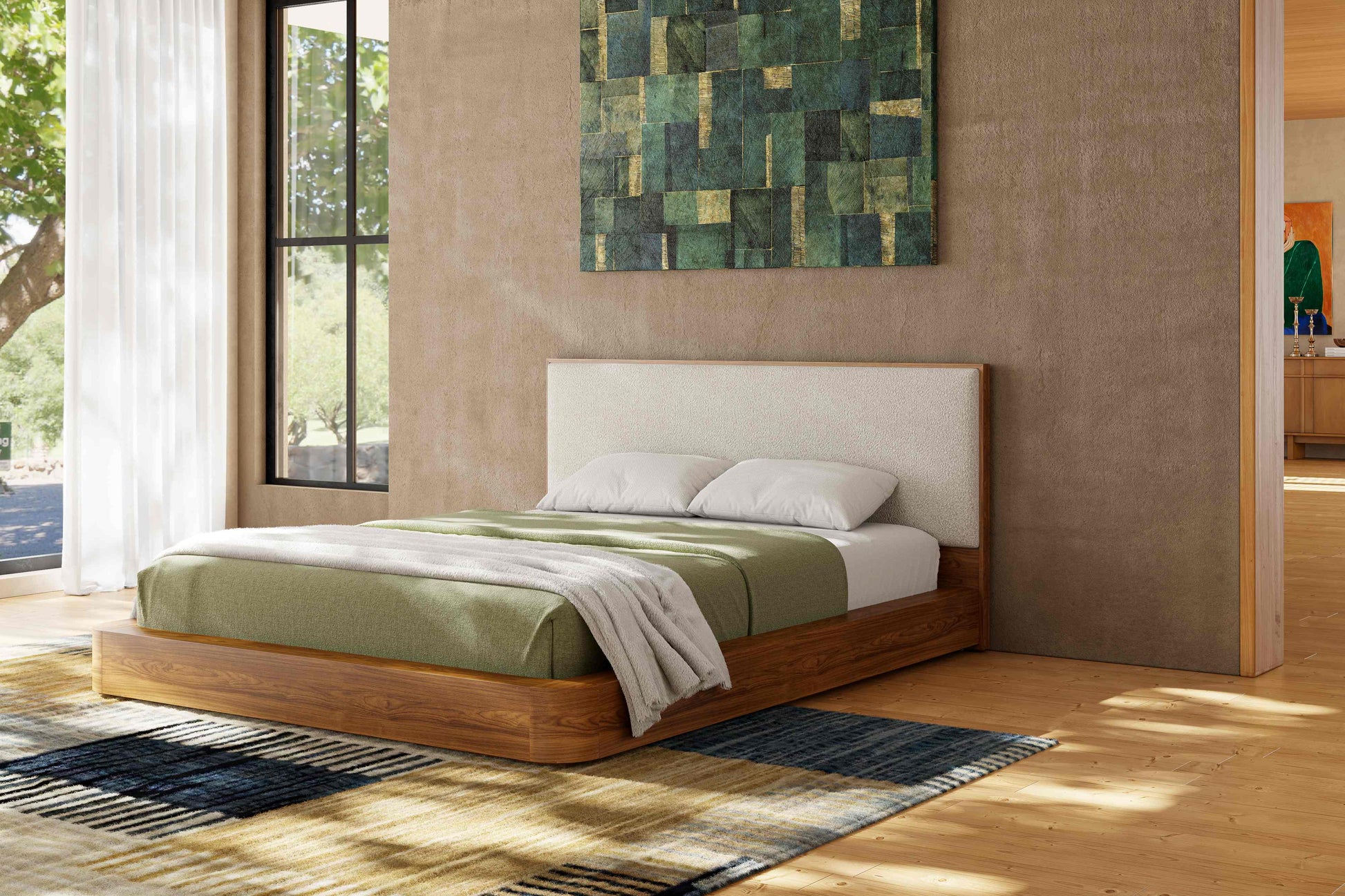Aubert Wood Bed Frame with Bouclé Headboard & Integrated Nightstands