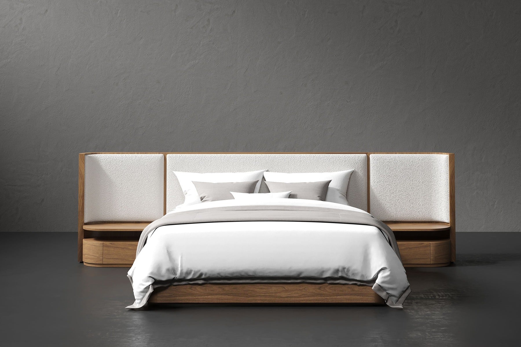 Aubert Wood Bed Frame with Bouclé Headboard & Integrated Nightstands